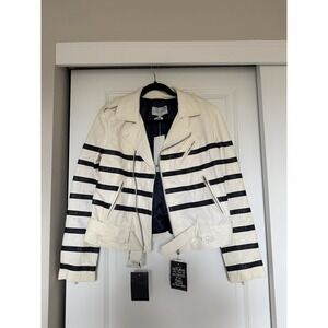 Each X Other NWT Stripe White Leather Jacket Women's Size‎ L Biker Limited moto